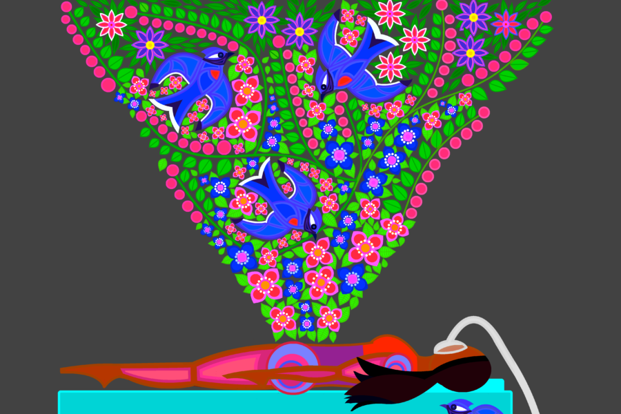 <em>The Warning.</em> "This is an image of a woman’s surgical sterilization. Blue Jays are protectors, they swarm around her anesthetized body singing a song of warning. They are telling her she will soon be separated from her biological fertility. However, even this violent act will not sever her from the beauty and resilience of living in her body which is represented by the flowers and berries growing from her powerful womb."